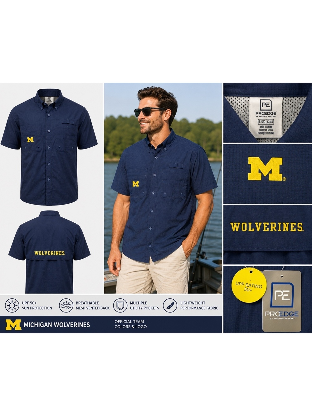 ProEdge Michigan Wolverines Fishing Shirt UPF 50+ Navy Button Up Large NWT